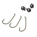 Three bronze fishing hooks and three round split-shot sinkers on white background.