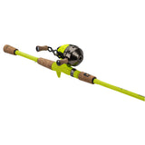 Neon yellow-green youth spincast fishing rod with cork handles and round metal reel.