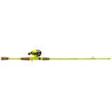 Neon yellow spincast fishing rod and reel, side view with cork handles