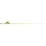 Neon yellow recreational spincast fishing rod and reel, cork handles, side profile