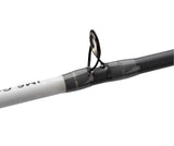 Close-up of Profishiency grey and white spincast rod showcasing metal guide and thread wraps on white background