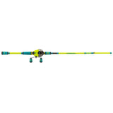 Top view of Profishiency 6' Hi-Viz yellow and blue spincast combo with micro spincast reel and padded handles on white