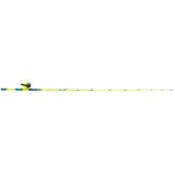 Side view of Profishiency 6' Hi-VIZ yellow-blue spincast combo showing bright fiberglass rod and padded handle on white