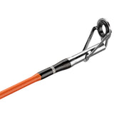 Close-up of Profishiency Hi-Viz Orange micro spincast rod tip showing metal guide and bright orange blank on white background