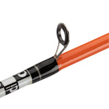 Close-up of Profishiency Hi-Viz Orange micro spincast rod showing guide ring and orange blank on white background