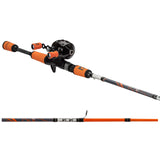 Angled view of High Vis Orange Micro Spincast Combo showing black reel, orange foam grips, and rod guide on white background