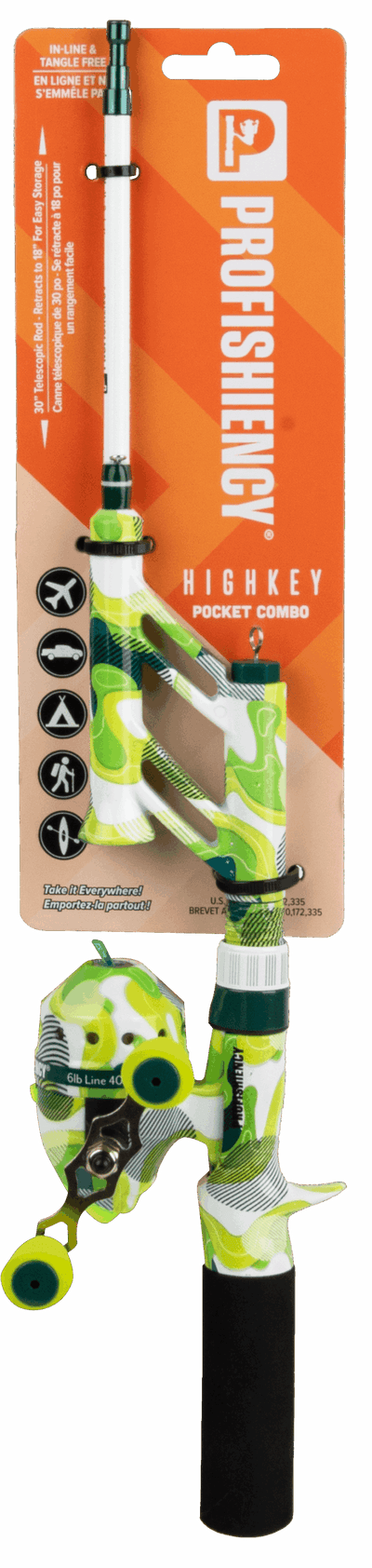 Side view of Highkey Pocket Combo rod and spincast reel in green camo, foam handle, partially extended on white background