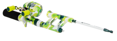Side view of Highkey Pocket Combo rod and spincast reel in green camo, foam handle, partially extended on white background