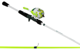 Angled view of Profishiency Highkey spincast combo showing white rod with neon-green accents, split EVA grip, and camo spincast reel