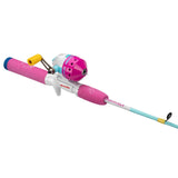 Pink and teal KID CASTERS youth spinning rod with purple reel, foam grips and white trigger-style handle