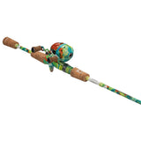 Colorful spincast rod-and-reel combo with cork grips and colorful graphics, angled on white background.