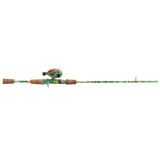 Krazy2 spincast rod and reel, cork handles, teal-orange multicolor pattern, side view
