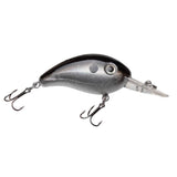 Silver and black crankbait fishing lure with clear diving lip and two treble hooks