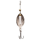 Silver spinner fishing lure with white feather dressing and treble hook