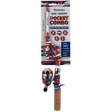 Front view of Profishiency Pocket Combo telescopic rod and reel with Pocket Combo packaging, red-white-blue cork handle