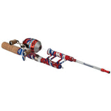Telescopic pocket fishing rod with closed-face reel, cork handle and red-white-blue camo finish; PROFISHIENCY on shaft
