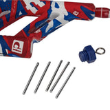 Red, white and blue camo pocket-combo rod handle with dp logo, six stainless roll pins and blue threaded plug with eye
