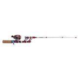 Profishiency Americana pocket fishing combo (extended) — red, white and blue camo baitcasting rod with cork handle and reel