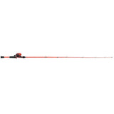 Profishiency Micro Sniper Red Spincast Combo with reel and rod, full side view showing compact design and vibrant red accents.