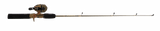 Side view of Profishiency Retro Dock combo 34-inch fiberglass rod and baitcasting reel with EVA grip on plain background