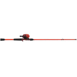 Side view of Profishiency Sniper Red 6'3 spincast combo: red 2-piece fiberglass rod, red spincast reel, black EVA grips on white