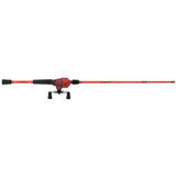 Full-length view of Profishiency Sniper Red 6 ft 3 in spincast combo showcasing red two-piece fiberglass rod, low-profile spincast reel, and black EVA handles on white background