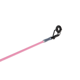 Close-up of Makya Dock Combo rod tip showcasing black guide ring and pink fiberglass blank on transparent background