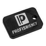 Black rectangular fishing tag with Profishiency logo and hole, text PROFISHIENCY
