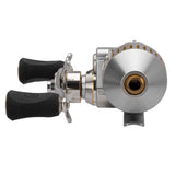 Front view of Profishiency Micro Sniper spincast reel in silver and gold showing twin EVA handle knobs and aluminum body on white background