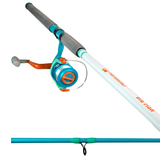 Angled view of Profishiency Big Fish 7' Med Hvy spinning combo showing teal-and-white rod with EVA grips and orange-accent spinning reel pre-spooled with line on white background