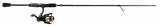 Side view of AlphaPup Spinning Combo 6 ft 6 in showcasing attached reel, split EVA grip, stainless guides on gray background