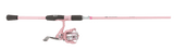 Profishiency Blush Spinning Combo with multiple spinning tools arranged for fishing, showcasing compact design and vibrant color.