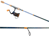 Angled view of Profishiency DRIP 7' spinning combo showcasing blue speckled IM7 graphite rod, split cork handle, and orange-accent 2000-series spinning reel on white background