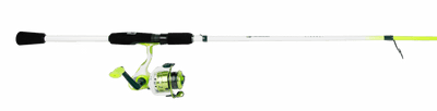Angled side view of Profishiency Highkey spinning combo, 6 ft 6 in, showing lime-green reel, split EVA grips on white background