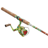 Angled view of Profishiency Krazy 2.0 spinning combo with colorful patterned rod and reel and cork handle on white background