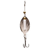 Silver spoon spinner fishing lure with white feather collar, gold beads and treble hook