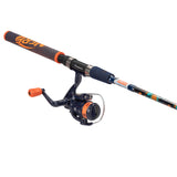 Angled side view of NERF Micro Spincast Combo showing navy spincast reel and orange-and-blue grip on a white background