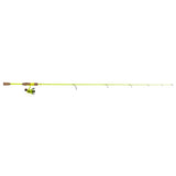 Neon green spinning fishing rod with cork handle and attached reel, full-length side view