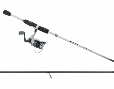 Angled Profishiency Shadowcast spinning combo showing white rod with gray foam grips and spinning reel on gray background