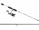 Angled Profishiency Shadowcast spinning combo showing white rod with gray foam grips and spinning reel on gray background