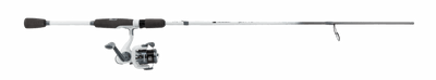 Angled Profishiency Shadowcast spinning combo showing white rod with gray foam grips and spinning reel on gray background
