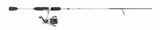 Side view of Profishiency Shadowcast spinning rod and reel with foam split grip and pre-spooled reel on light gray background