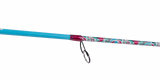 Close up of Profishiency Wild Child 6 ft 6 in spinning rod showing pink, teal, and white decorative blank and stainless steel guide on gray background