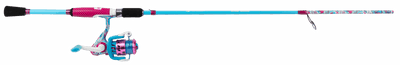 Angled view of Profishiency Wild Child 6 ft 6 in spinning rod and matching reel showcasing bright pink and turquoise pattern on white background