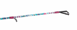 Close-up of Profishiency Wild Child 6'6 spinning rod tip showcasing colorful pink, blue, and white wrap and two stainless steel guides on gray background