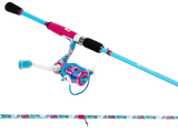 Angled view of Profishiency Wild Child 6 ft 6 in spinning rod and matching reel showcasing bright pink and turquoise pattern on white background