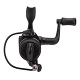 Front view black Microspin spinning fishing reel showing bail and ergonomic handle