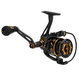 Angled view of Profishiency SNIPER Black spincast reel with black-and-gold accents and dual EVA handles on white background