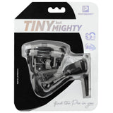 Front view of Profishiency Tiny spinning reel in black showcasing compact reel and handle inside clear clam-pack with 'TINY but MIGHTY' headline