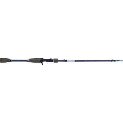 Angled view of Profishiency Krazy Kool spinning rod showing blue graphite blank, cork split grips, and stainless steel guides on white background